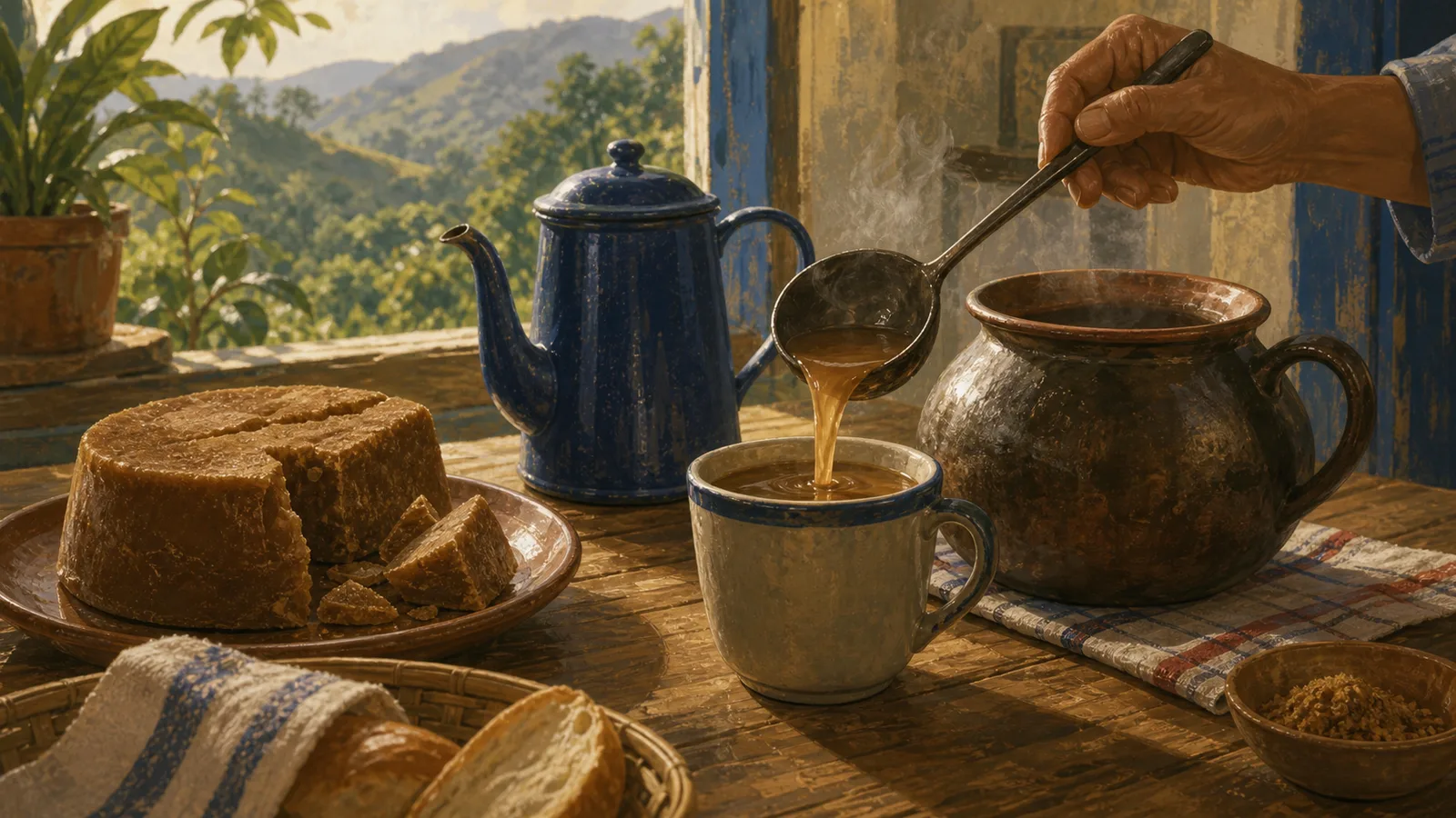 Ilustración editorial de agua dulce costarricense servida con tapa de dulce en una cocina rural.