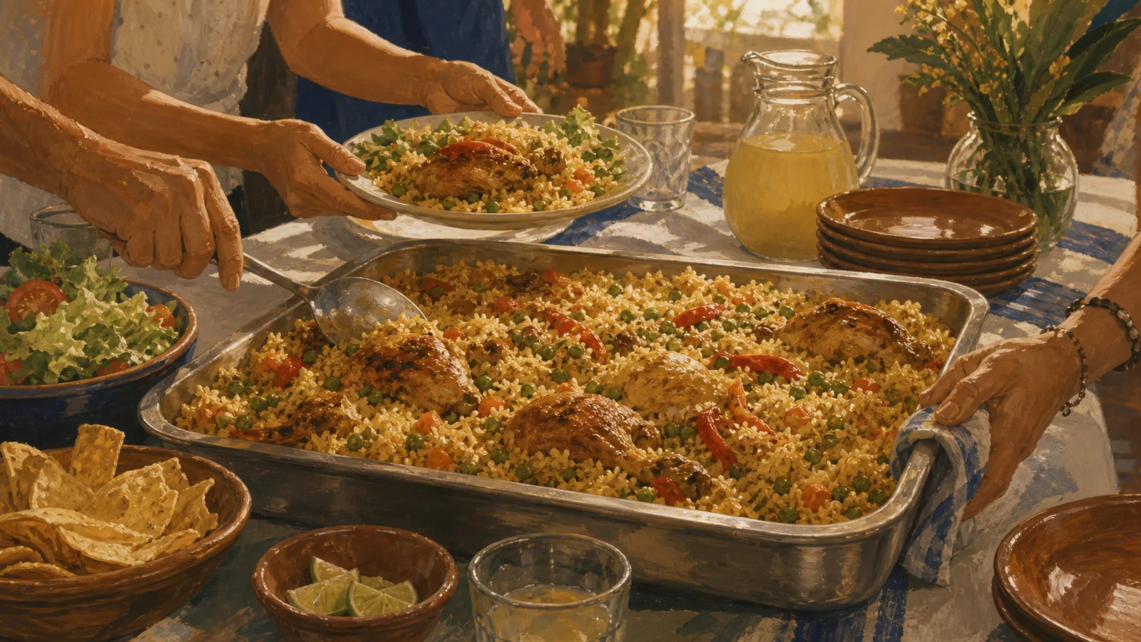 Ilustración editorial de arroz con pollo costarricense servido en una bandeja familiar de celebración.