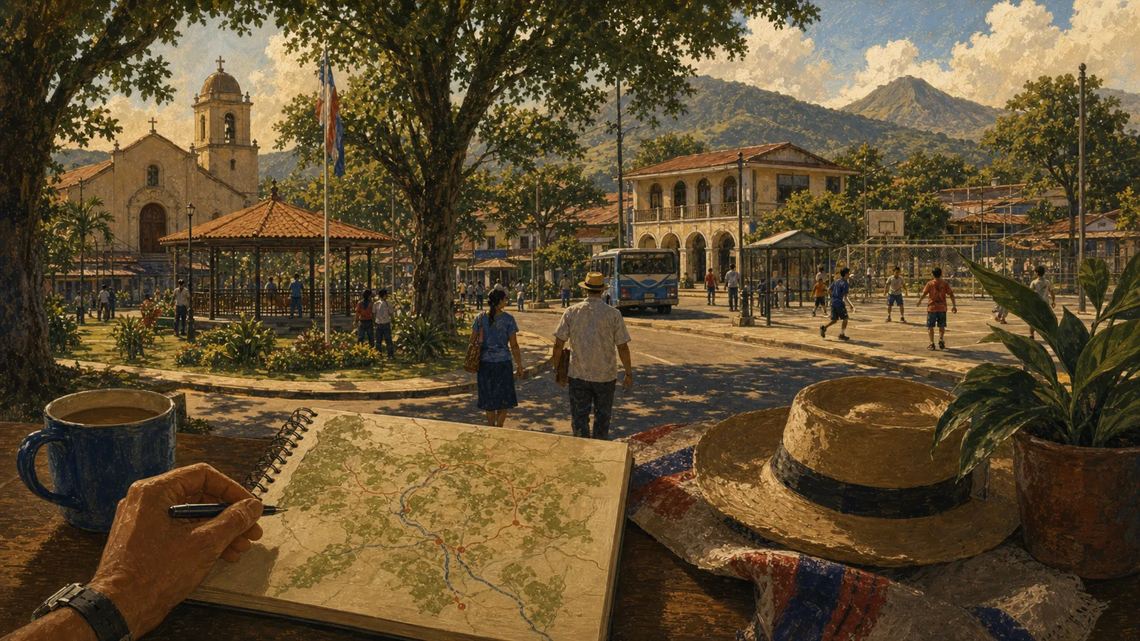 Ilustración editorial de los cantones de Costa Rica como vida municipal y pertenencia local.