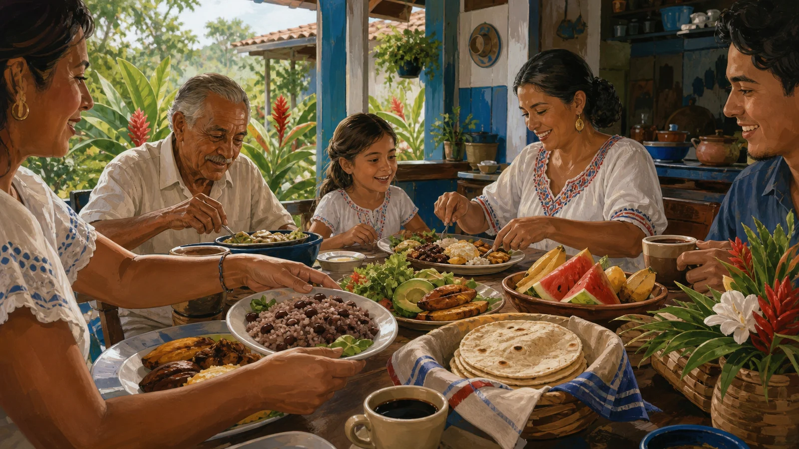 Ilustración editorial de comida típica costarricense compartida en una mesa familiar.