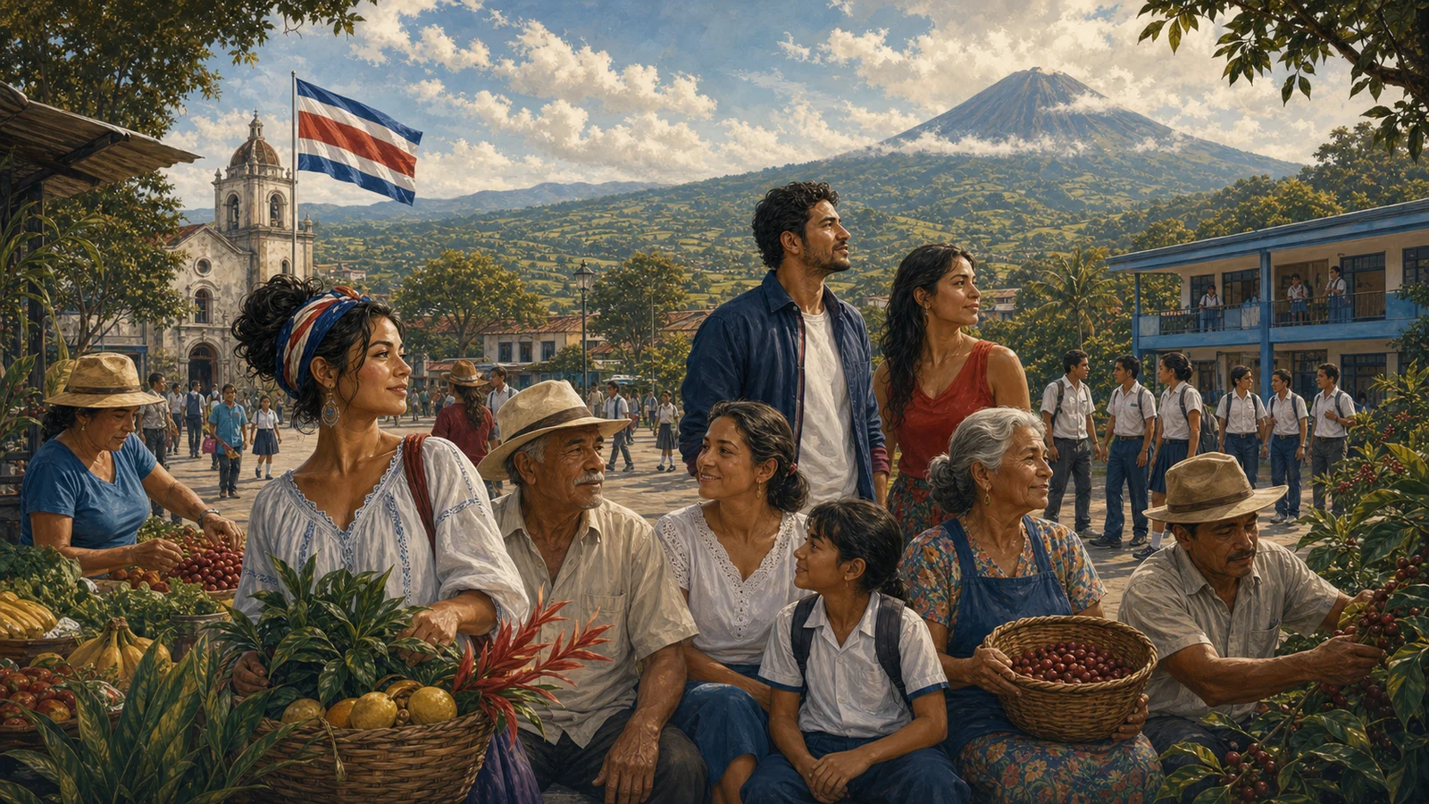 Ilustración editorial del gentilicio costarricense como identidad compartida entre generaciones.