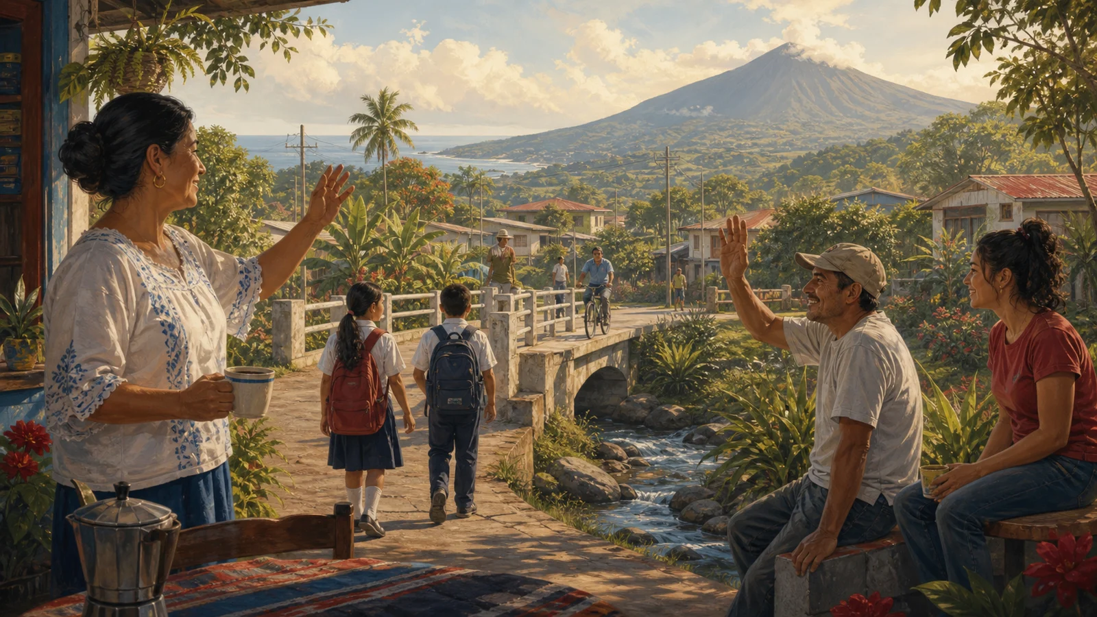 Ilustración editorial del pura vida como calma, saludo y forma cotidiana de vivir en Costa Rica.