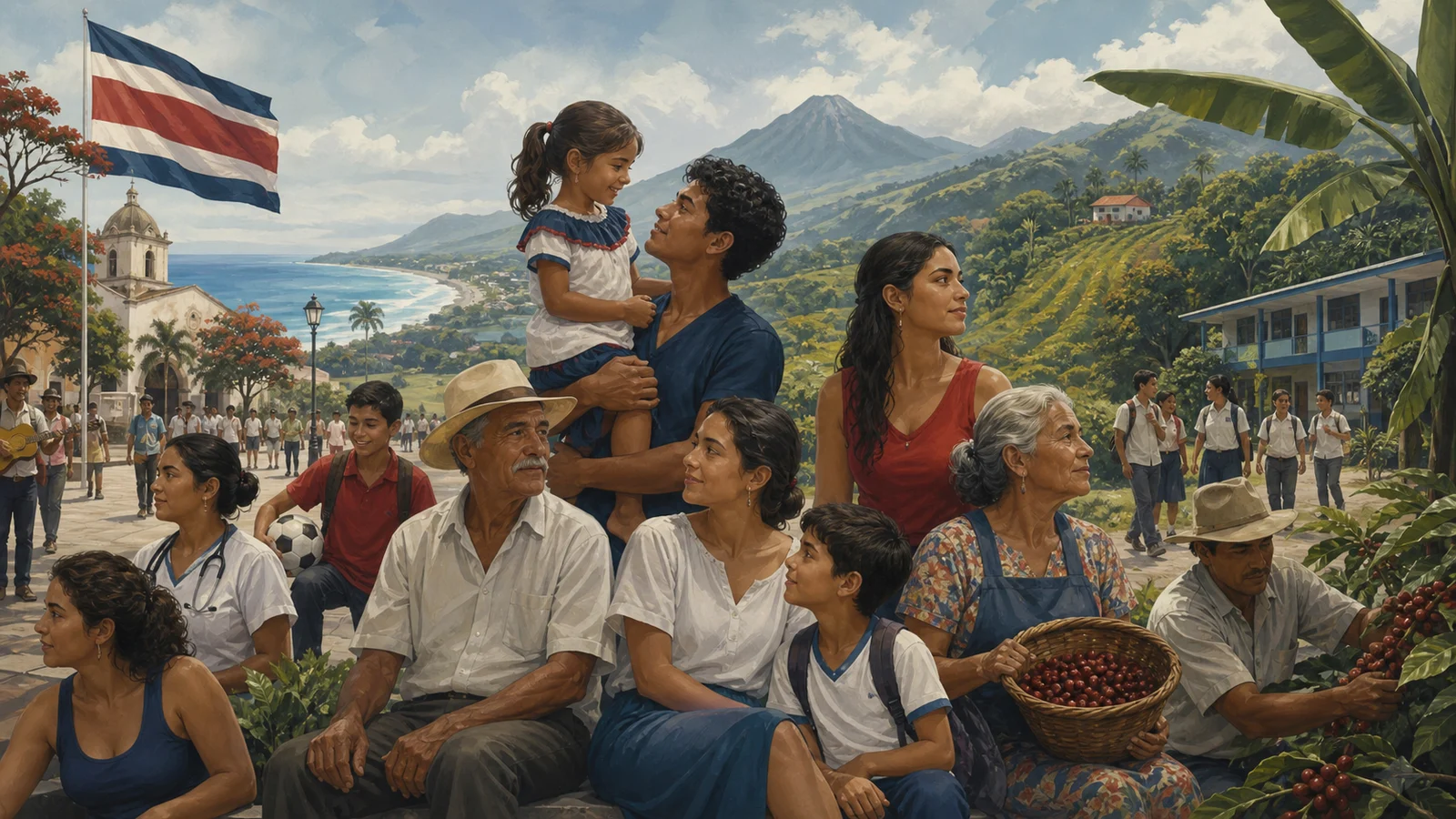 Ilustración editorial de varias generaciones costarricenses reunidas como símbolo de identidad nacional.
