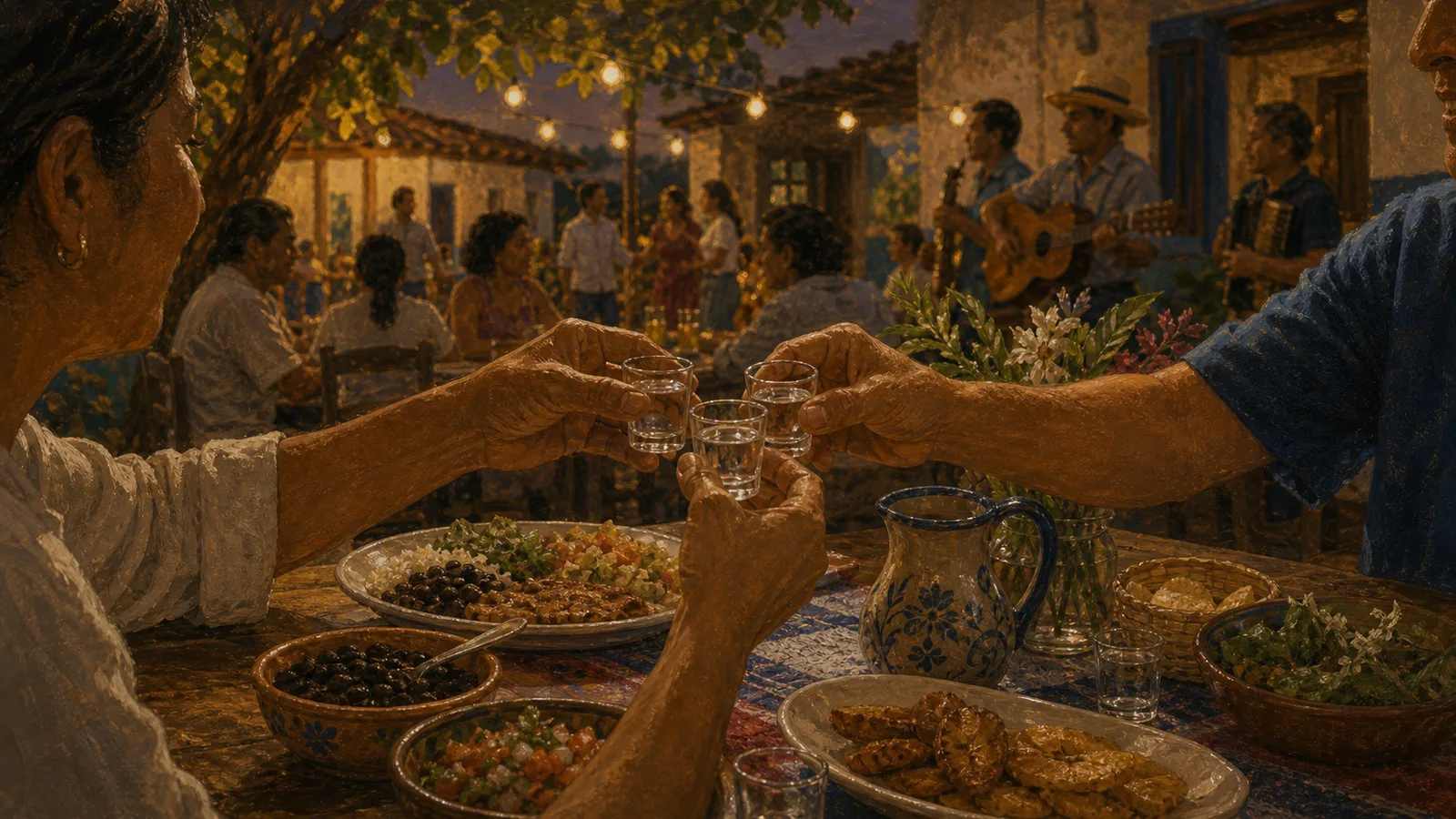 Ilustración editorial de guaro en una celebración costarricense con comida y conversación.