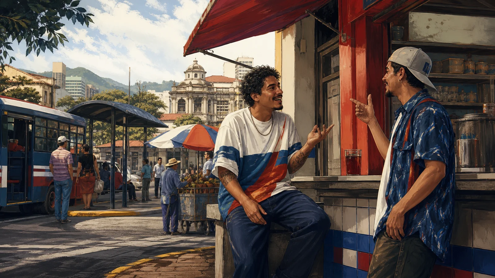 Ilustración editorial de conversación pachuco en una esquina urbana de San José.