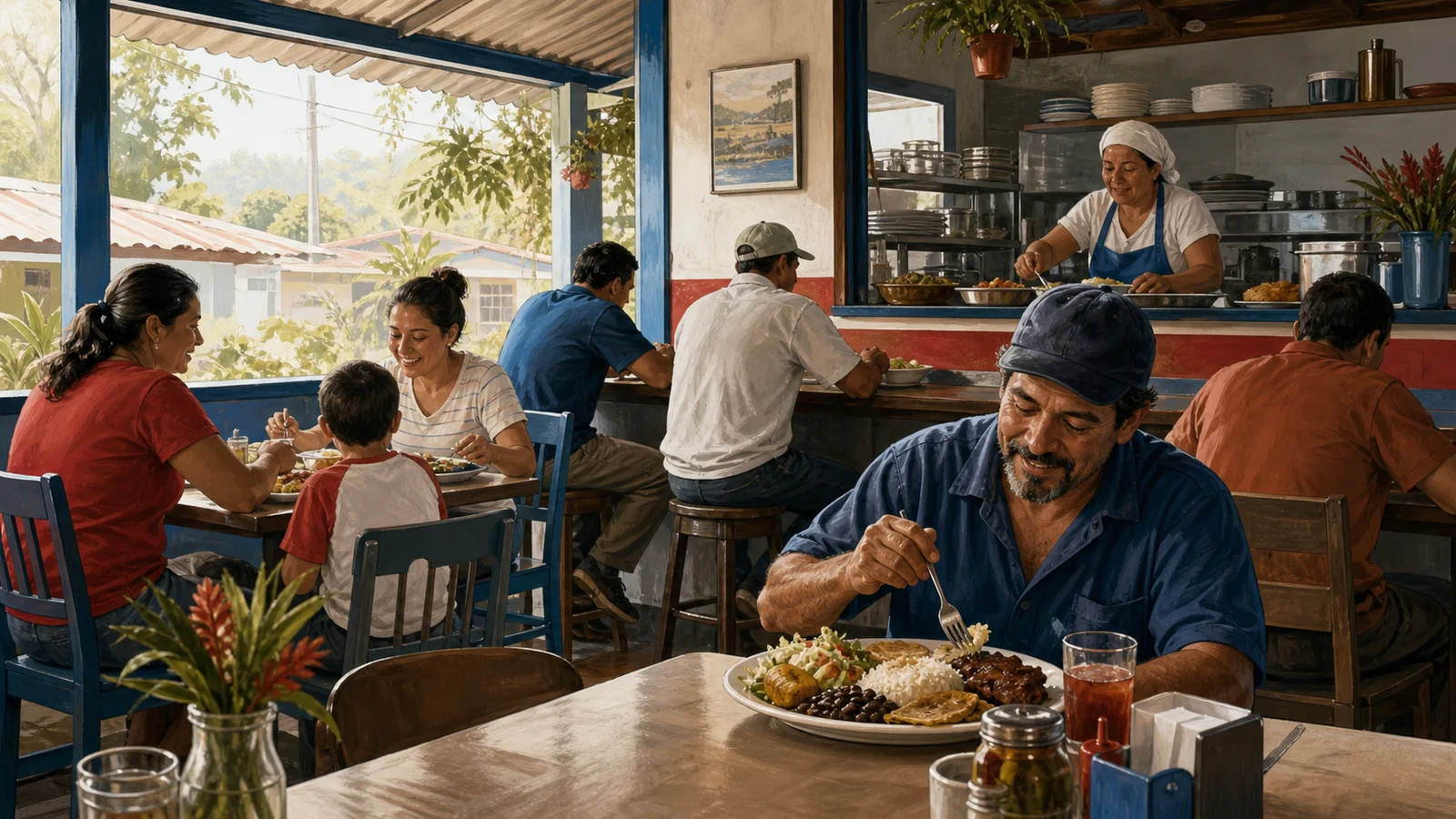 Ilustración editorial de una soda costarricense con almuerzo, familias y luz de barrio.