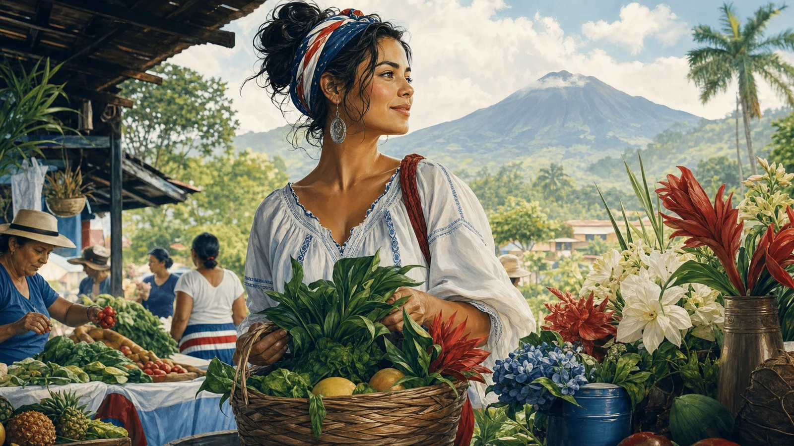 Ilustración editorial de identidad tica en una feria con flores, mercado y montaña.