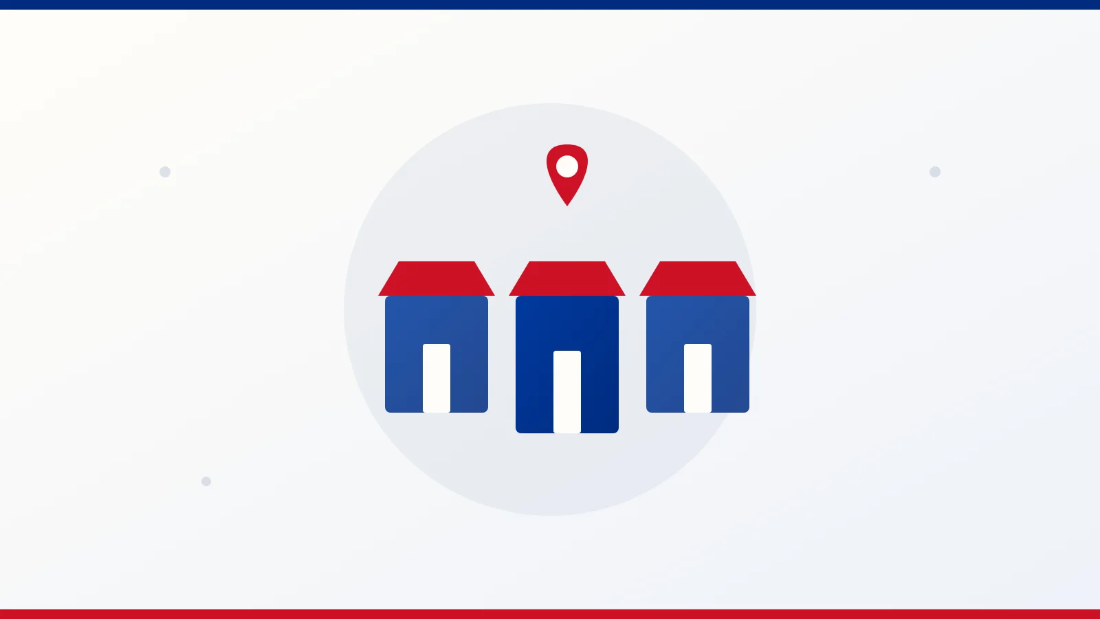 Ilustración editorial de una fila de locales con un pin de ubicación, en los colores de la bandera de Costa Rica.