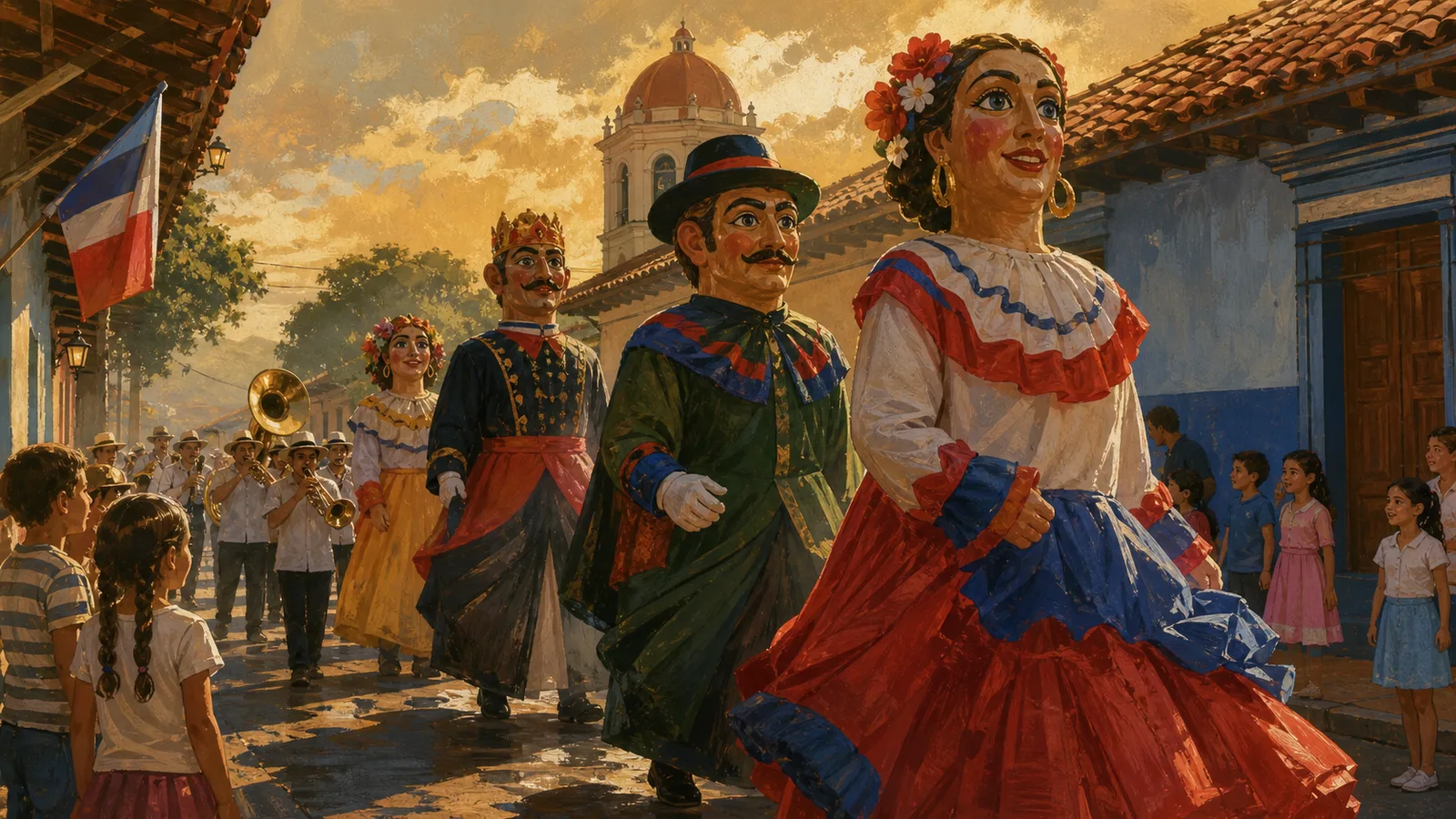 Ilustración editorial de mascaradas costarricenses recorriendo una calle de pueblo con música y celebración.