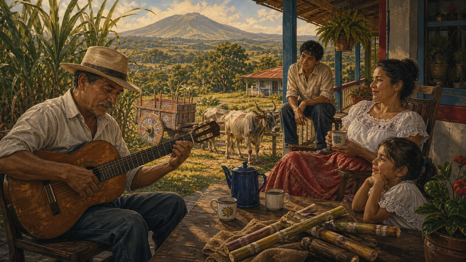 Ilustración editorial de Caña Dulce con guitarra, cañal y memoria rural costarricense.