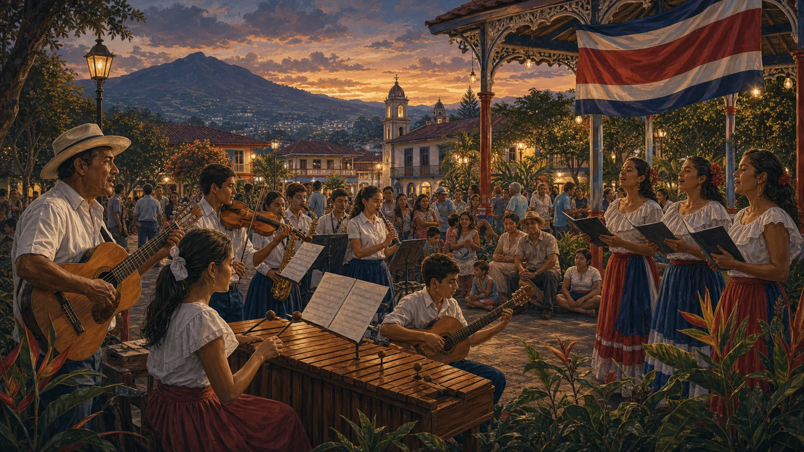 Ilustración editorial de música costarricense con banda escolar, marimba, guitarra y plaza de pueblo.