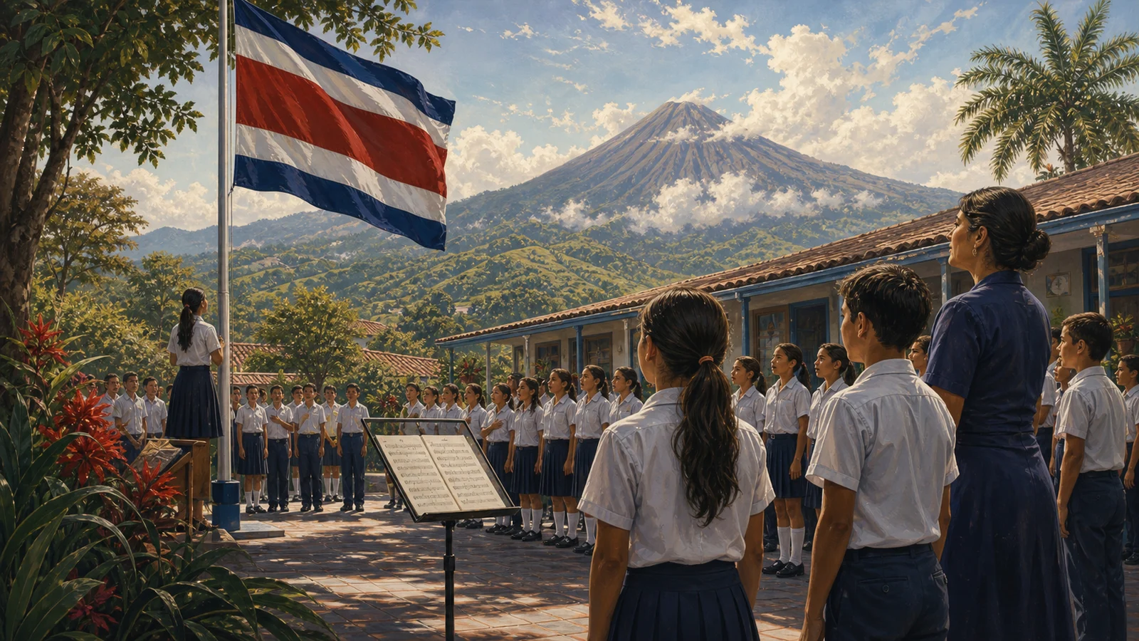 Ilustración editorial del Himno Nacional de Costa Rica en un acto cívico escolar.