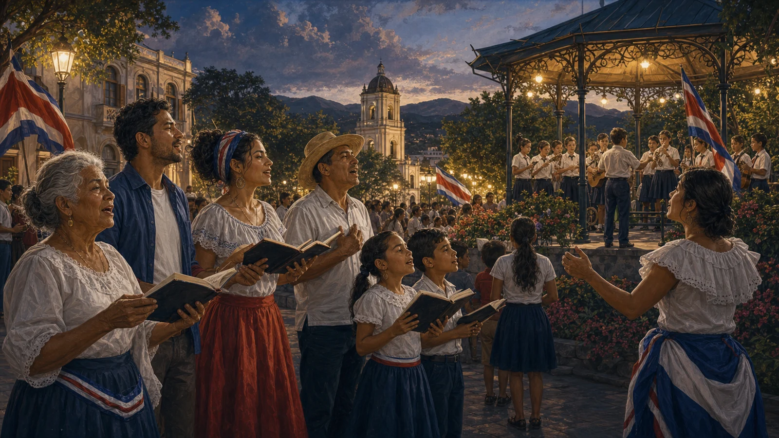 Ilustración editorial de La Patriótica Costarricense cantada en una plaza de pueblo.