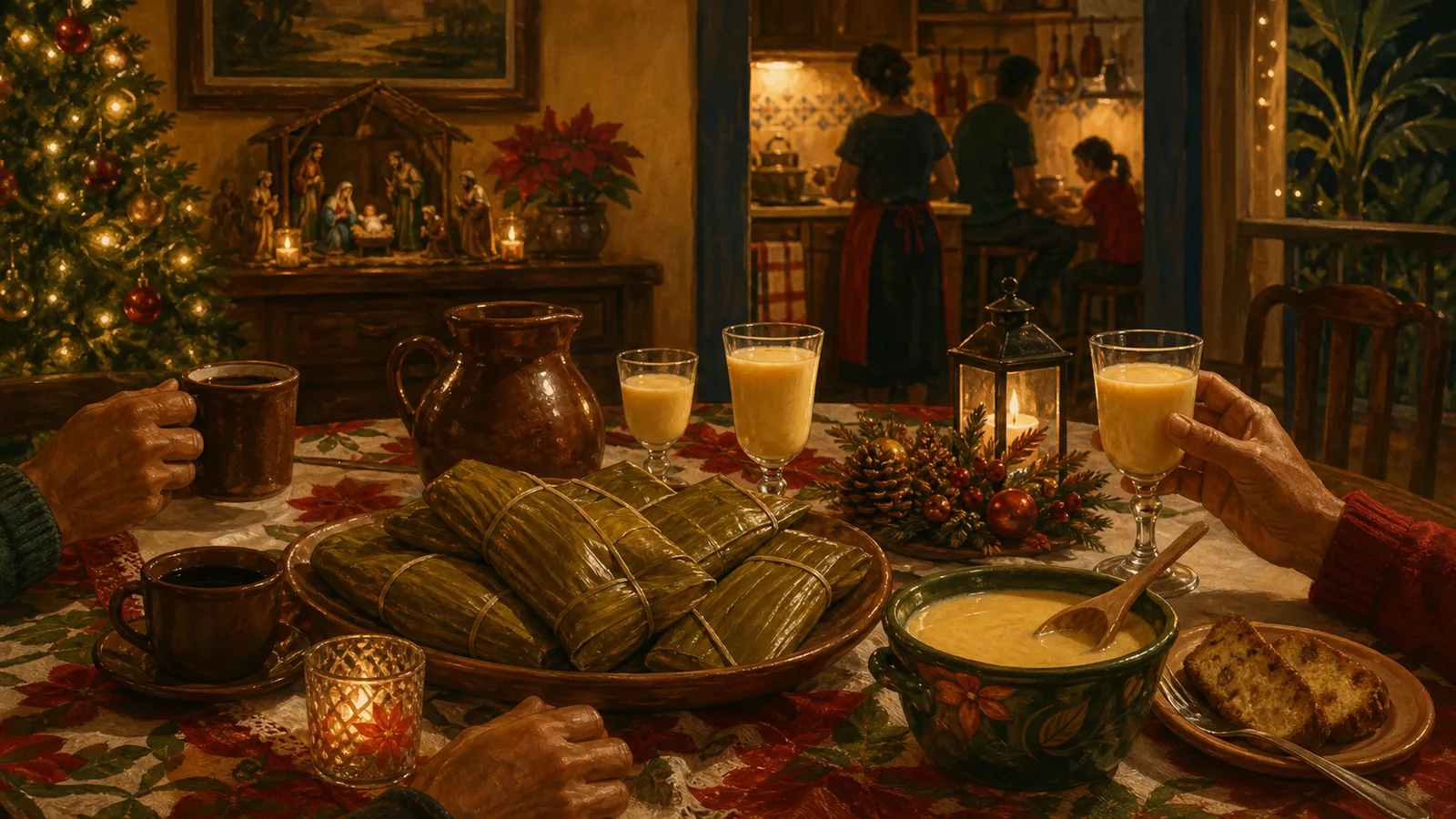 Ilustración editorial de una Navidad costarricense con tamales, rompope y ambiente familiar de diciembre.