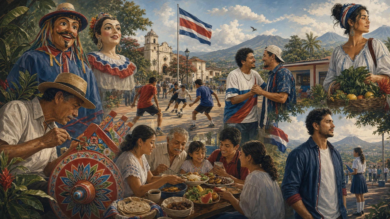 Ilustración editorial de la cultura costarricense con carreta, mascaradas, comida y vida de plaza.