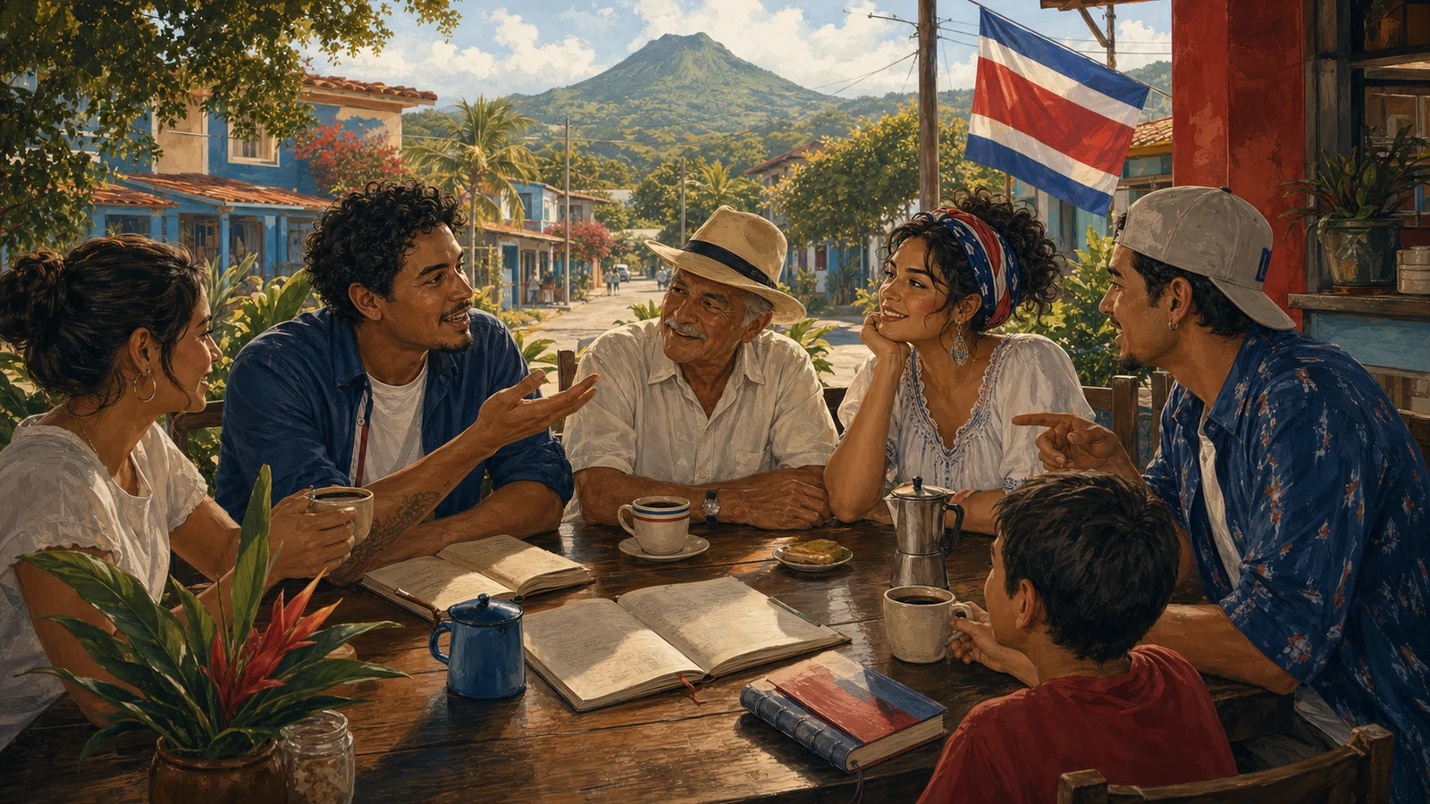 Ilustración editorial del diccionario tico como conversación familiar en una soda costarricense.