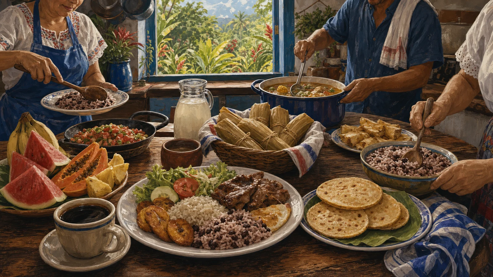 Ilustración editorial de recetas costarricenses compartidas en una mesa familiar.