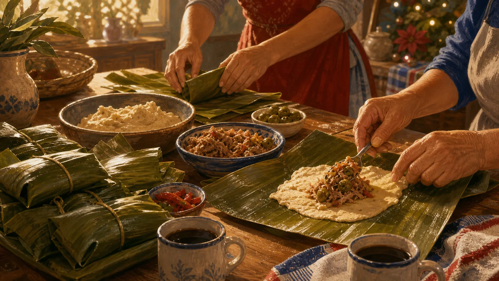 Ilustración editorial de tamales costarricenses preparados en hojas de plátano sobre una mesa familiar.
