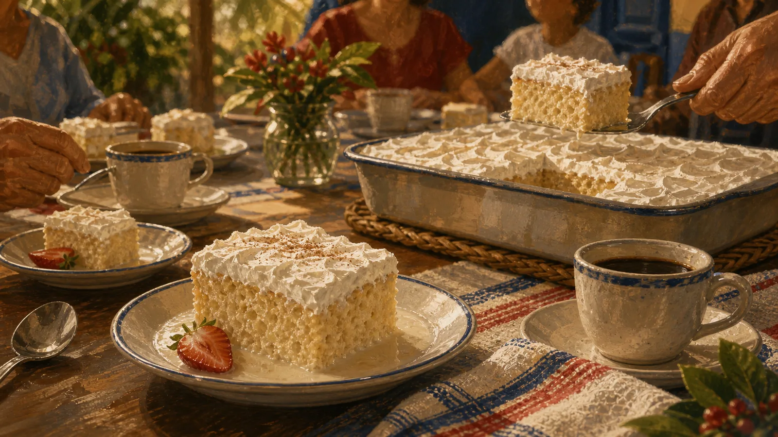 Ilustración editorial de tres leches costarricense servido en una mesa familiar con café.